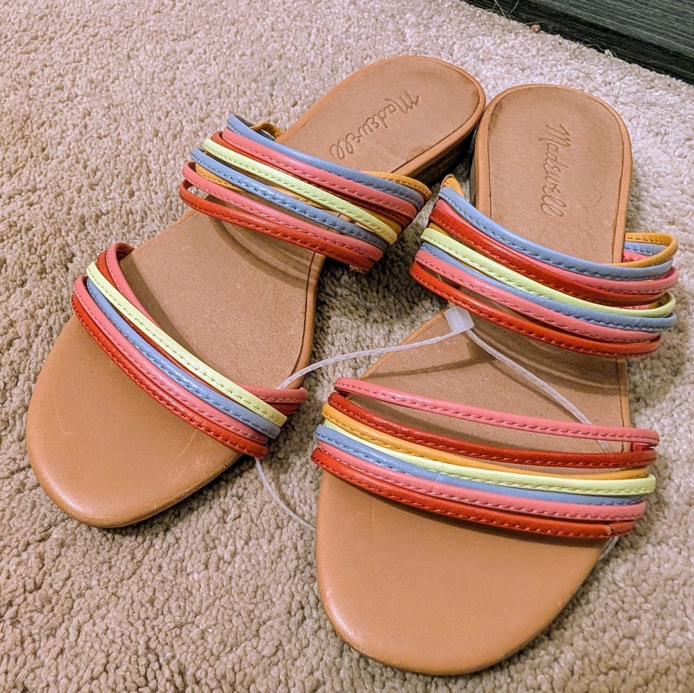 Madewell Colorful Strappy Slide Sandals Size 7 | Rainbow Leather Slip-On Flats - Picture 2 of 7